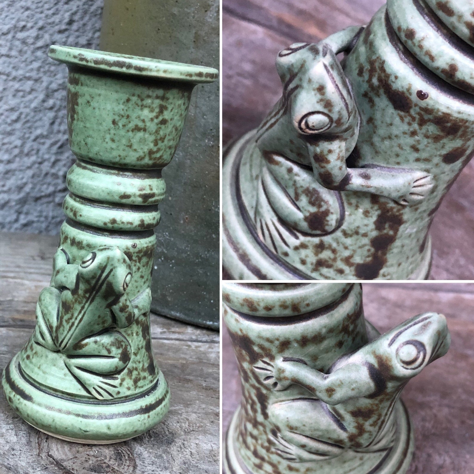 Vintage Ceramic Frog Candlestick / Candle Holder Green Brown Etsy