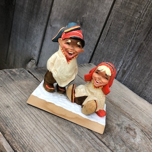 Henning, Norway 6.75&quot; Figurine -Vintage Hand Carved/Hand Painted Wooden Norwegian Couple-Sami Man and Woman-Hand Made Scandinavian Folk Art