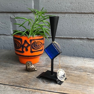 Bo Svensk, Sweden MCM Candlestick / Candle Holder - Metal and Blue Glass - Swedish Folk Art-- Mid Century Scandinavian Decor