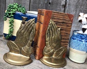 Vintage Brass Bookends-Praying Hands-Boho/Shabby Chic/Eclectic-Office/Home Library/Study/Living Room Bookshelf Decor - Christian / Religious