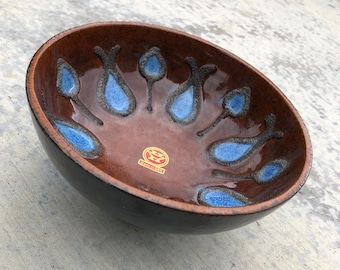 Vintage / Retro Ceramic Bowl Marked &quot;H&quot; Haldensleben and &quot;Made in GDR&quot; - East Germany - Brown with Blue Geometric Pattern and Black Bottom