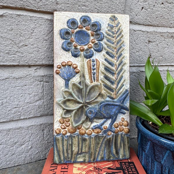 Danish Stoneware Wall Plaque/Wall Hanging/Wall Plate by Marianne Starck for Michael Andersen- Floral/Bird MCM Pottery - Bornholm, Denmark