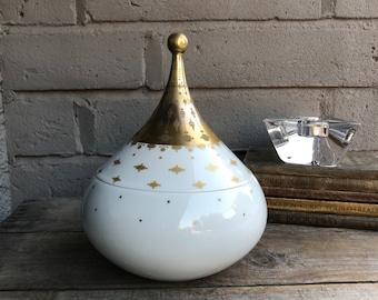 Bjørn Wiinblad 9.5” Tall Porcelain Lidded Box/Jar with Lid/Candy Dish-Rosenthal, Germany Studio Line Quatre Couleurs -White/Gold