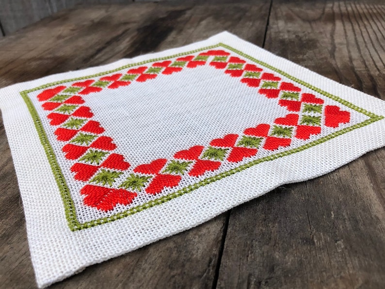 Vintage Swedish Embroidered Table Cloth Hand Made Scandinavian Embroidery Home Decor Red Hearts and Green Stars