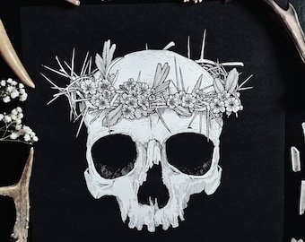 Illustration dark / Gothic art / dark botanical art / Death Skull / Witch Art/ Hawthorn