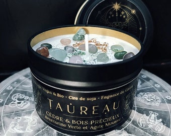 TAURUS Candle, Astro Taurus, Zodiac Sign, Astrology, Cedar, Wood, Pine, Aventurine, Moss Agate, Soy Wax, Organic, Vegan, Crualtyfree