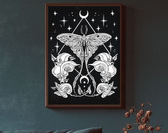 Illustration dark / Gothic art / dark botanical art / Butterfly Moon / Witch Art / Série Limitée/ Lorelei Dunkelheit