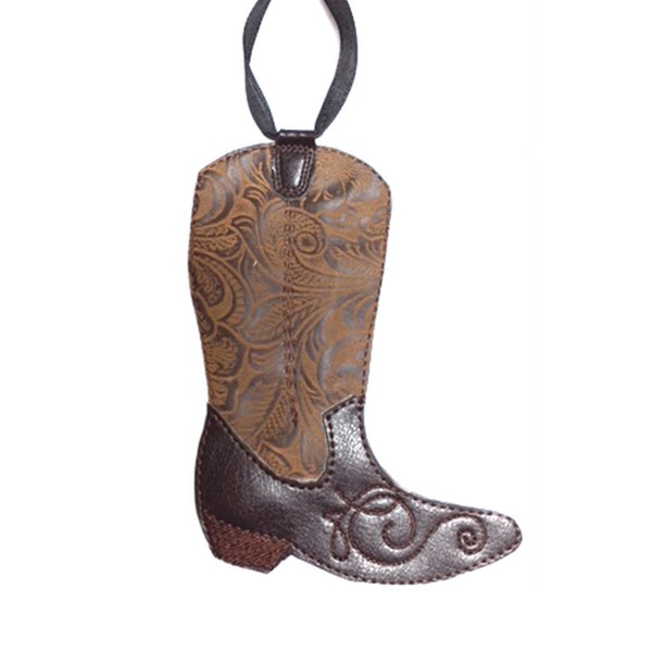 Handmade Cowboy Boot Ornament Looks Like Real Tooled Leather. Cowgirl Boot Made of Dark Brown Vinyl and Polyester