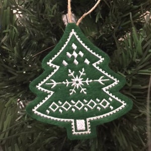 Swedish Christmas Tree Ornament Embroidered on Green Felt with White Stitching. Nordic Holiday Decor.