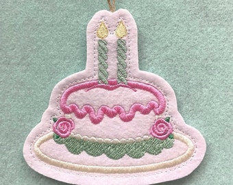 Birthday Cake Ornament with 2 Candles Embroidered on White Felt with Pink and Seafoam Threads. 2 Year Old Birthday Cake Decor.