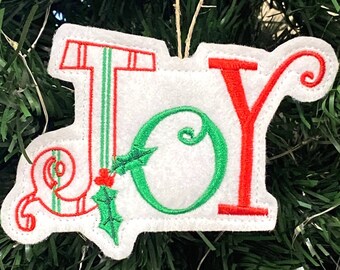 Striped JOY Christmas Tree Ornament Embroidered on White Felt with Red and Green Threads. Holly Leaves on Artistic JOY Holiday Decor.
