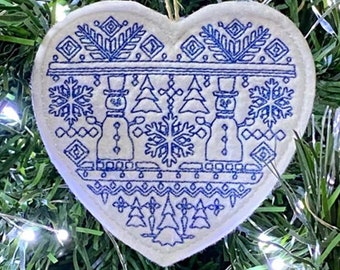 Nordic Folk Art Heart Shaped Ornament With Snowmen Embroidered on White Felt with Blue Thread. Danish Gift Tag.