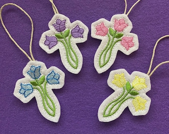 Mini Cross Ornament with Colorful Tulips Embroidered on White Felt. Decorate an Easter Basket, Wreath or Use as a Gift Tag.