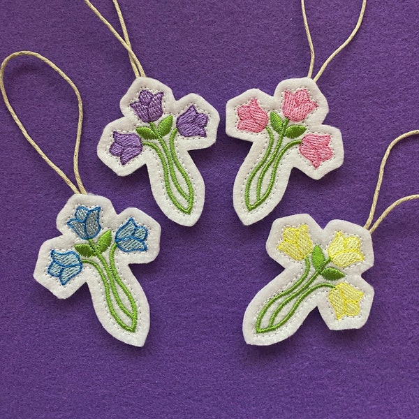 Mini Cross Ornament with Colorful Tulips Embroidered on White Felt. Decorate an Easter Basket, Wreath or Use as a Gift Tag.