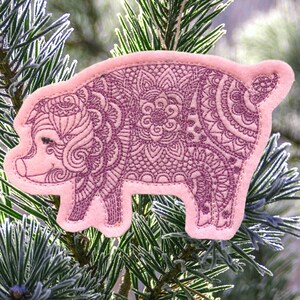 Pig Ornament with Henna Design Embroidered on Pink Felt with a Reddish Pink Thread. Artistic Pig Lover Gift Tag. Pig or Hog Farmer Gift.