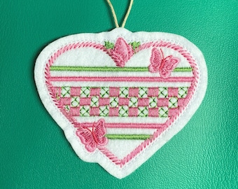 Heart Ornament in Spring Colors with Butterflies and a Rose Bud. Embroidered on White Felt with Pinks and Spring Green Thread. Gift for Mom.