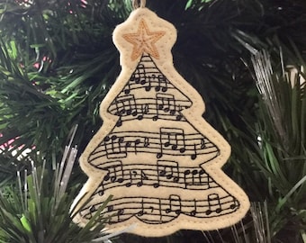 Ivory Sheet Music Christmas Tree Ornament. Embroidered Felt Ornament. Musical Notes Christmas Tree Ornament. Musician Gift. Musical Gift.