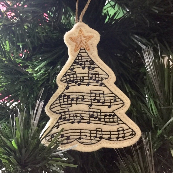 Ivory Sheet Music Christmas Tree Ornament. Embroidered Felt Ornament. Musical Notes Christmas Tree Ornament. Musician Gift. Musical Gift.