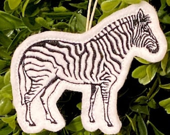 Zebra Ornament Embroidered on White Felt with Black Thread. Safari, Zoo Animal Gift for Adults or Children with a Love of Zebras.