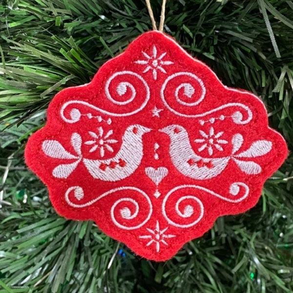 Scandinavian Birds Christmas Tree Ornament Embroidered on Red Felt with White Thread. Nordic Gift.