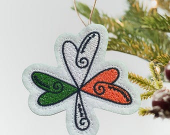 Abstract Shamrock Ornament – Embroidered Felt Irish Shamrock in Green, White and Orange, St Patrick’s Day Decoration