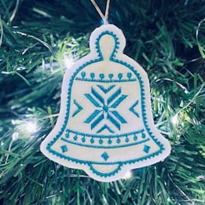 Nordic Bell Christmas Ornament Embroidered on White Felt with Turquoise Thread. Norway, Finland, Sweden, Denmark, Iceland