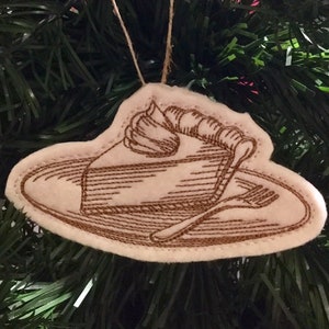 Slice of Pie on a Plate with Whipped Cream and a Fork. Embroidered Felt Ornament. Pie Sketch Ornament great for any Holiday Pie Baker Gift.
