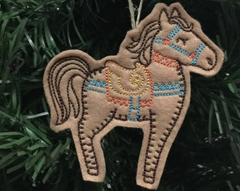 Southwest Horse Ornament. Felt Horse Ornament Embroidered on Camel Tan Brown Felt with Colorful Stitching.