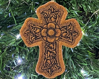 Western Cross Ornament Tooled Leather Look. Embroidered on Felt and Available in Multiple Color Combinations. Cowboy Gift Tag or Bookmark.