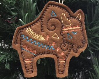 Southwest Buffalo Ornament. Felt Bison Ornament Embroidered on Camel Tan Brown Felt with Colorful Stitching.