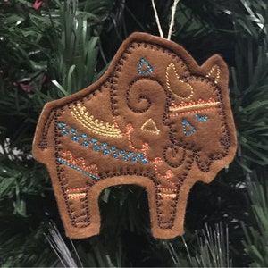 Southwest Buffalo Ornament. Felt Bison Ornament Embroidered on Camel Tan Brown Felt with Colorful Stitching.