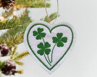 Four Leaf Clover Heart Ornament – Embroidered St Patrick’s Day Decoration on White Felt, Irish Lucky Clover Gift