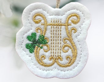 Mini St. Patrick's Day Harp with Shamrock Ornament Embroidered on White Felt with Gold and Green Threads. Elegant Irish Holiday Decoration.