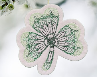 St. Patrick's Day Irish Shamrock Ornament Embroidered with 3 Thread Colors on White Felt.