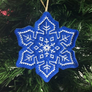 Blue and White Swedish Snowflake. Nordic Christmas Ornament. Felt Snowflake with White Embroidered Design.