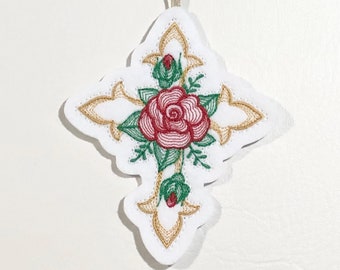 Elegant Easter Cross Ornament with a Rose Embroidered on White Felt with Gold, Red and Green Threads. Christian Gift for Easter.