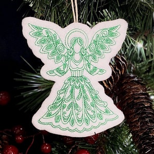 Delicate Angel Christmas Ornament Embroidered on White Felt with Green Thread. Elegant, Swirly Angel Gift Tag. image 1