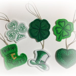 St. Patrick's Day Mini Ornaments in Set of 6 or Singles. Irish Celtic Knot Shamrock and Heart, 4 Leaf Clovers, Leprechaun Boot and Hat. image 1