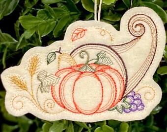Thanksgiving Cornucopia Ornament Embroidered on Felt in Fall Colors. Multiple Choices in Felt Color. Horn of Plenty Autumn & Decor.