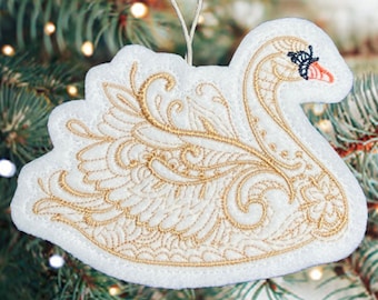 Swan Christmas Ornament Embroidered on White Felt with Gold Thread. Elegant Holiday Decoration for Swan Lovers.