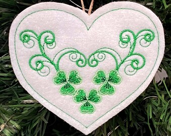 St. Patrick's Day Ornament. Shamrocks and Vines on a Heart Shaped Ornament Embroidered on White Felt with 3 Shades of Green Threads.