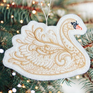 Swan Christmas Ornament Embroidered on White Felt with Gold Thread. Elegant Holiday Decoration for Swan Lovers.