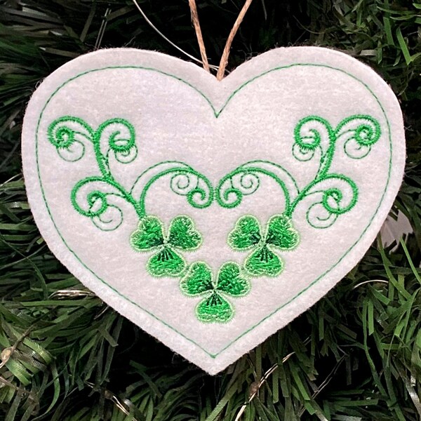 St. Patrick's Day Ornament. Shamrocks and Vines on a Heart Shaped Ornament Embroidered on White Felt with 3 Shades of Green Threads.