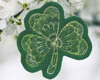 St. Patrick's Day Irish Shamrock Ornament Embroidered with 3 Thread Colors on Dark Green Felt.