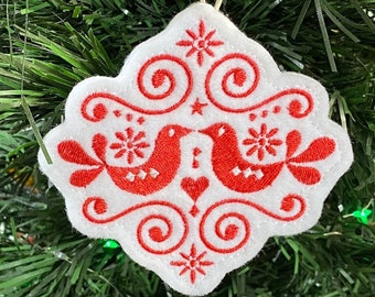 Scandinavian Birds Christmas Tree Ornament Embroidered on White Felt with Christmas Red Thread. Nordic Gift.
