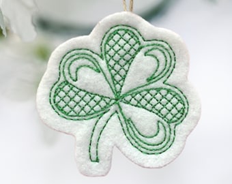 Mini St. Patrick's Day Shamrock Ornament Embroidered on White Felt with Green Thread. Irish Gift Tag.