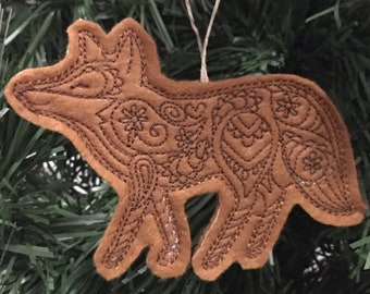 Paisley Fox Ornament. Reddish Brown Felt and Dark Brown Embroidery. Twine Hanging Loop. Woodland Fox Ornament. North Woods Fox.