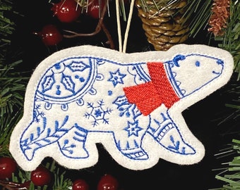 Winter Polar Bear Ornament Embroidered on White Felt with Blue Accents and a Red Scarf. Polar Bear with Folk Art Designs.