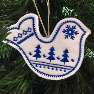 Swedish Christmas Bird Ornament Embroidered on White Felt with Bright Blue Stitching. Nordic Holiday Decor. Christmas Decoration.