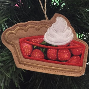 Slice of Fresh Strawberry Pie Ornament with Whipped Cream.  Embroidered Felt Applique Strawberry Pie with Twine Hanging Loop.